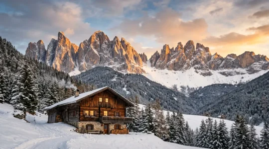 Chalet tradizionale in legno con vista panoramica sulle Dolomiti al tramonto