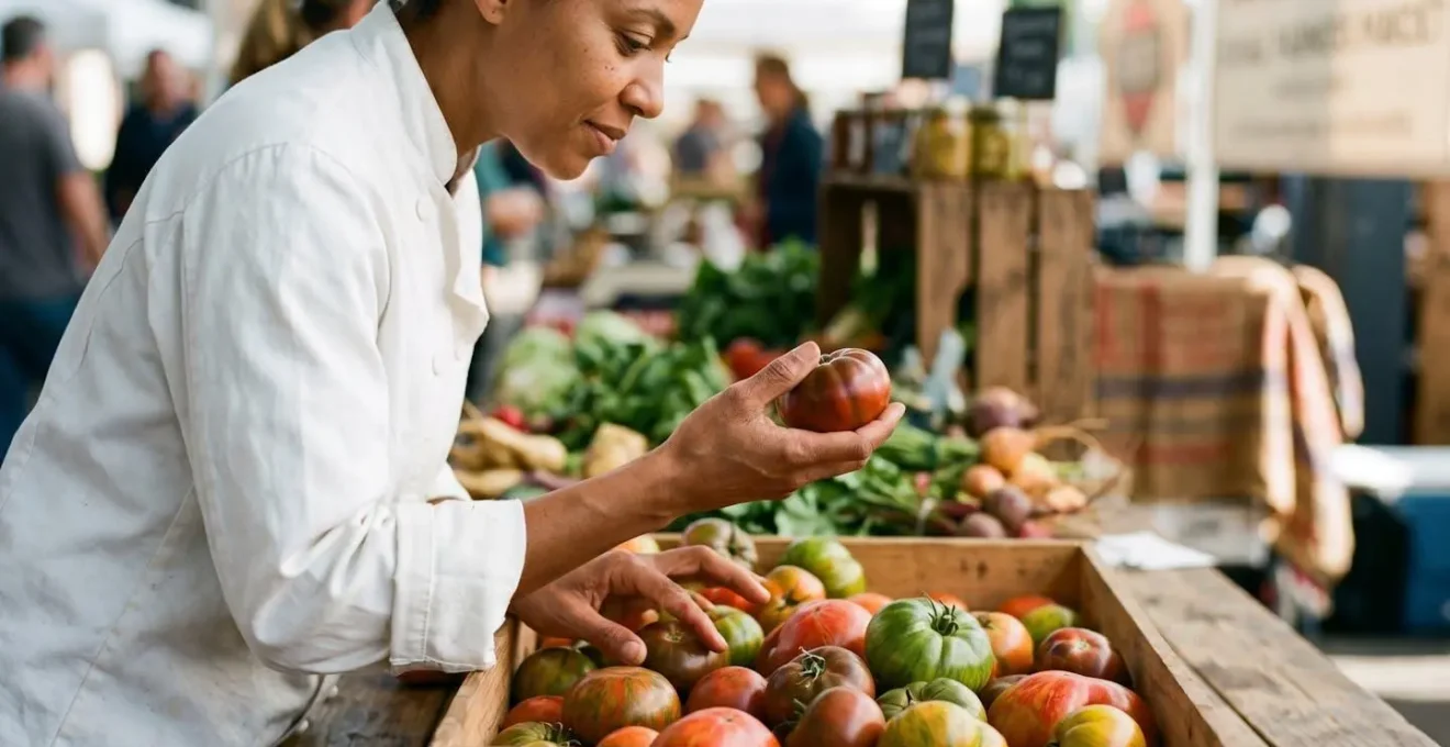 Chef che seleziona verdure fresche di stagione al mercato locale