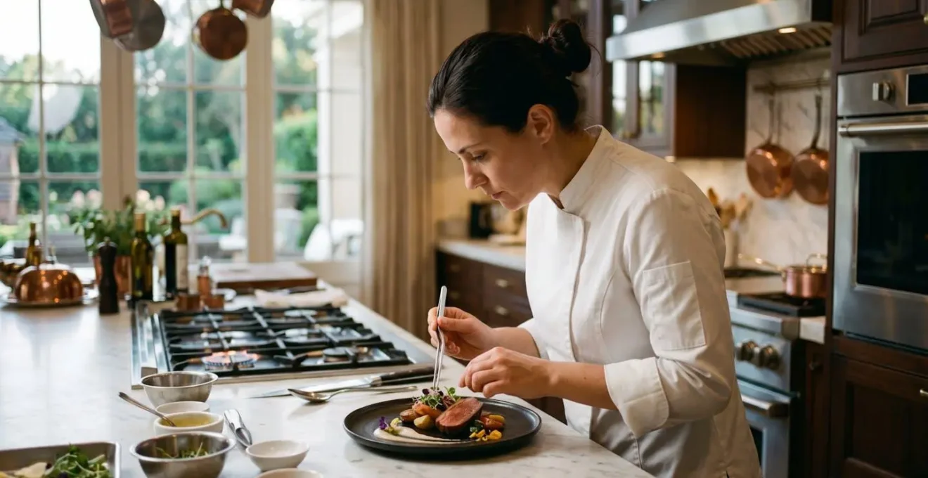 Chef privato al lavoro in una cucina moderna di villa di lusso