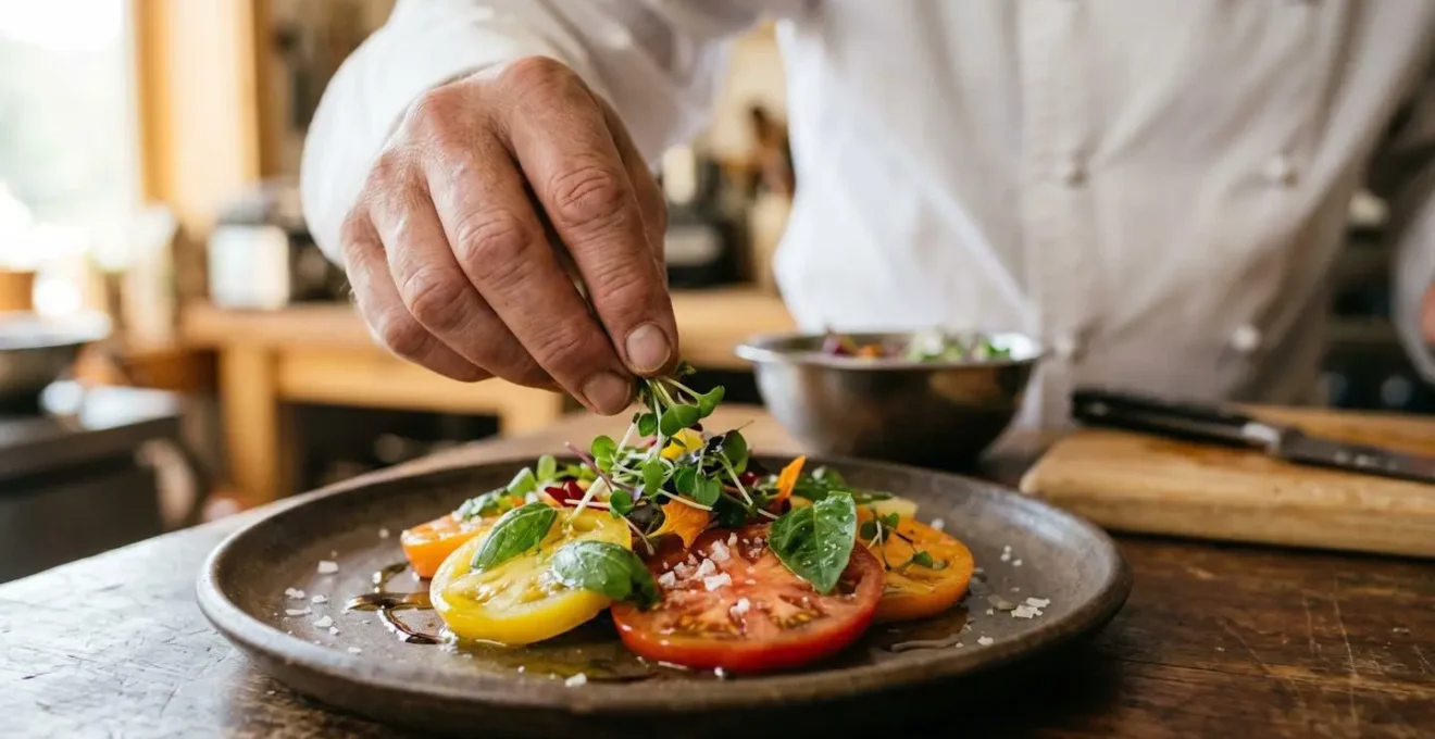 Chef di un villaggio turistico che compone un piatto gourmet con ingredienti freschi a chilometro zero