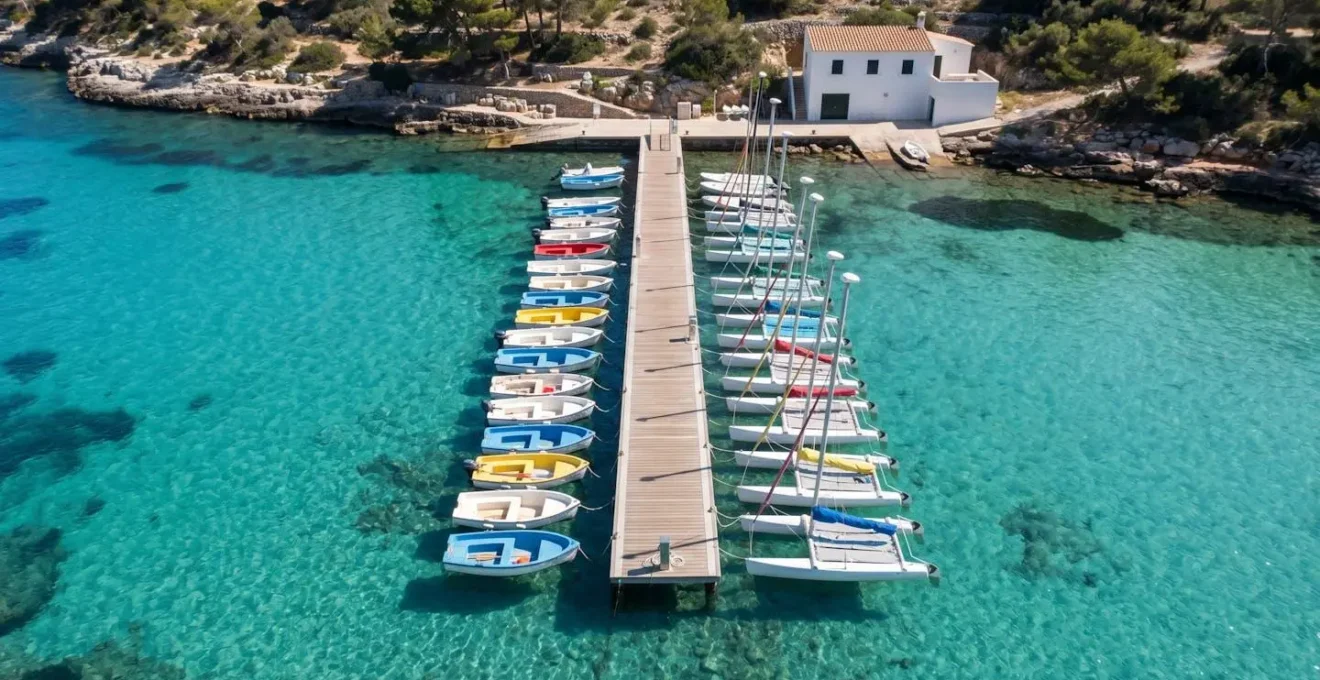 Vista aerea di una deriva e un catamarano ormeggiati presso un centro noleggio