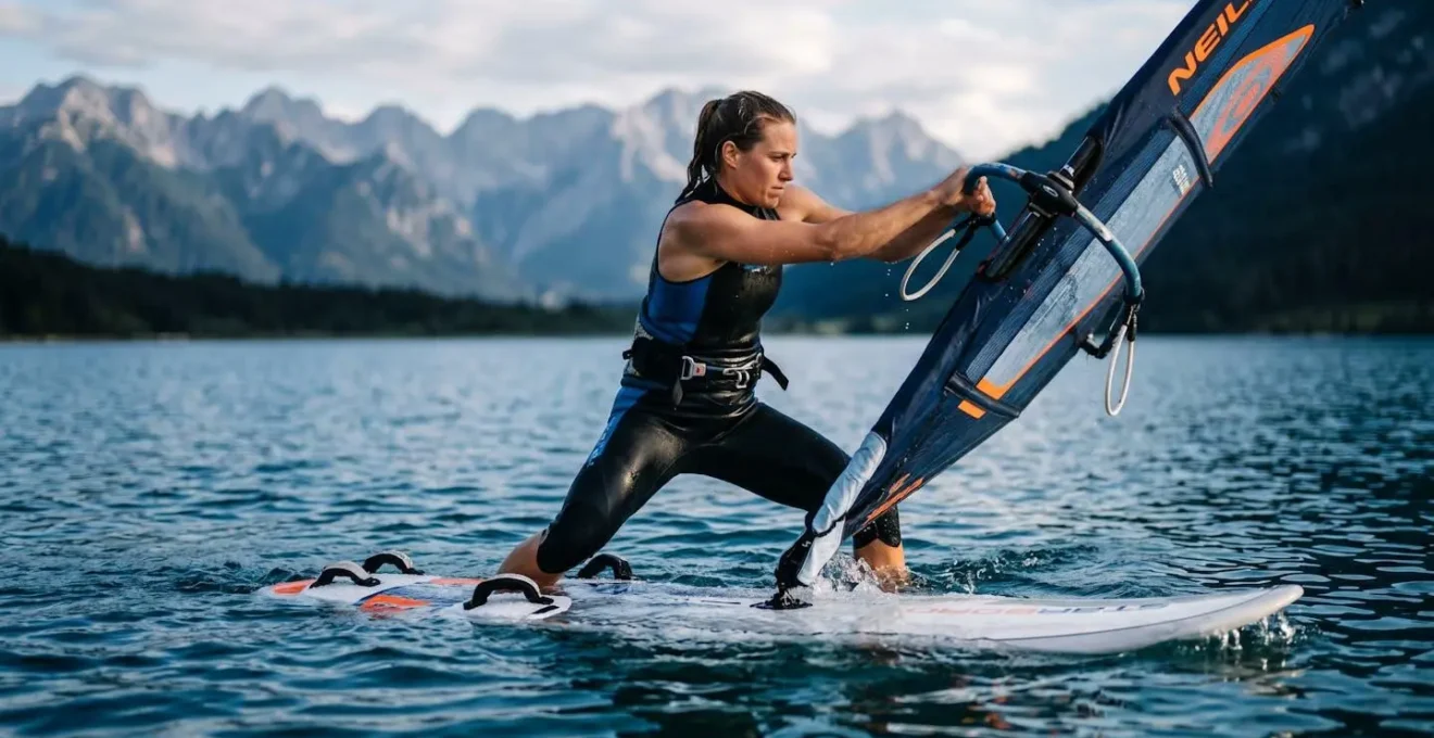Atleta in posizione di waterstart sul lago con dettaglio della postura adattata