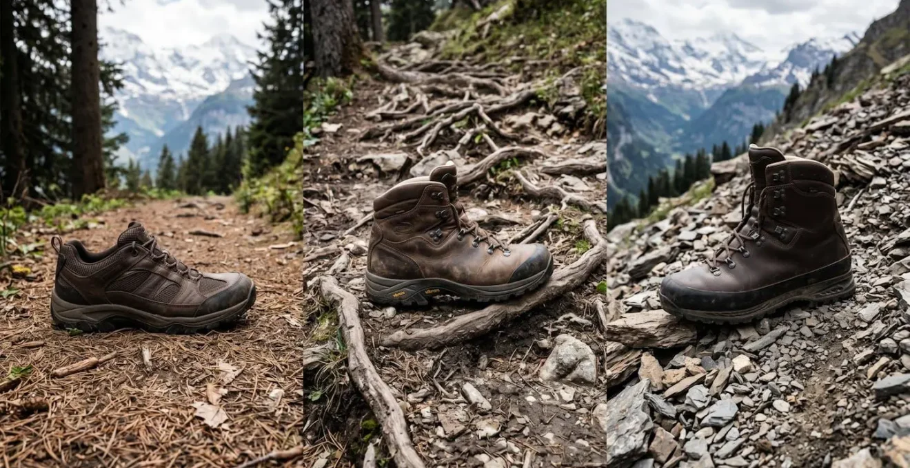 Tre tipi di scarponi da trekking di altezze diverse su terreni tipici del Trentino