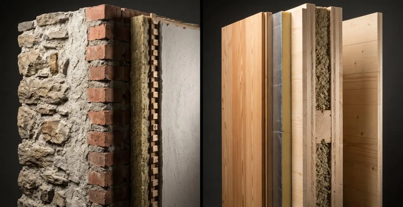 Sezione comparativa di pareti in legno prefabbricato e muratura tradizionale