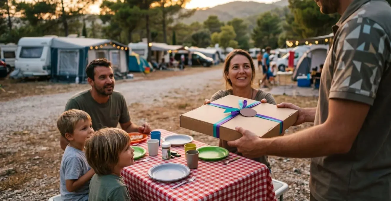 Consegna sicura di una pizza senza glutine sigillata presso una piazzola di un campeggio al tramonto