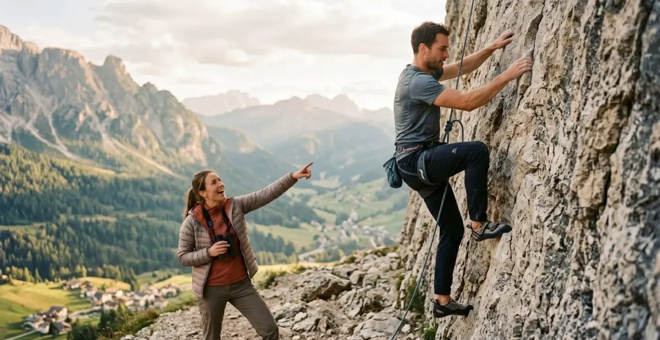 Coppia su sentiero montano, uno arrampica mentre l'altro fotografa dal basso