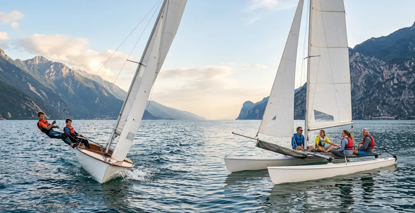 Principianti che imparano a velare su una deriva e un catamarano sul lago
