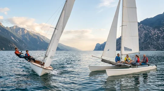 Principianti che imparano a velare su una deriva e un catamarano sul lago