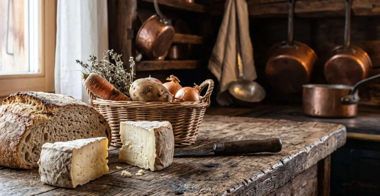 Cucina rustica ben attrezzata in uno chalet con prodotti locali freschi sul tavolo