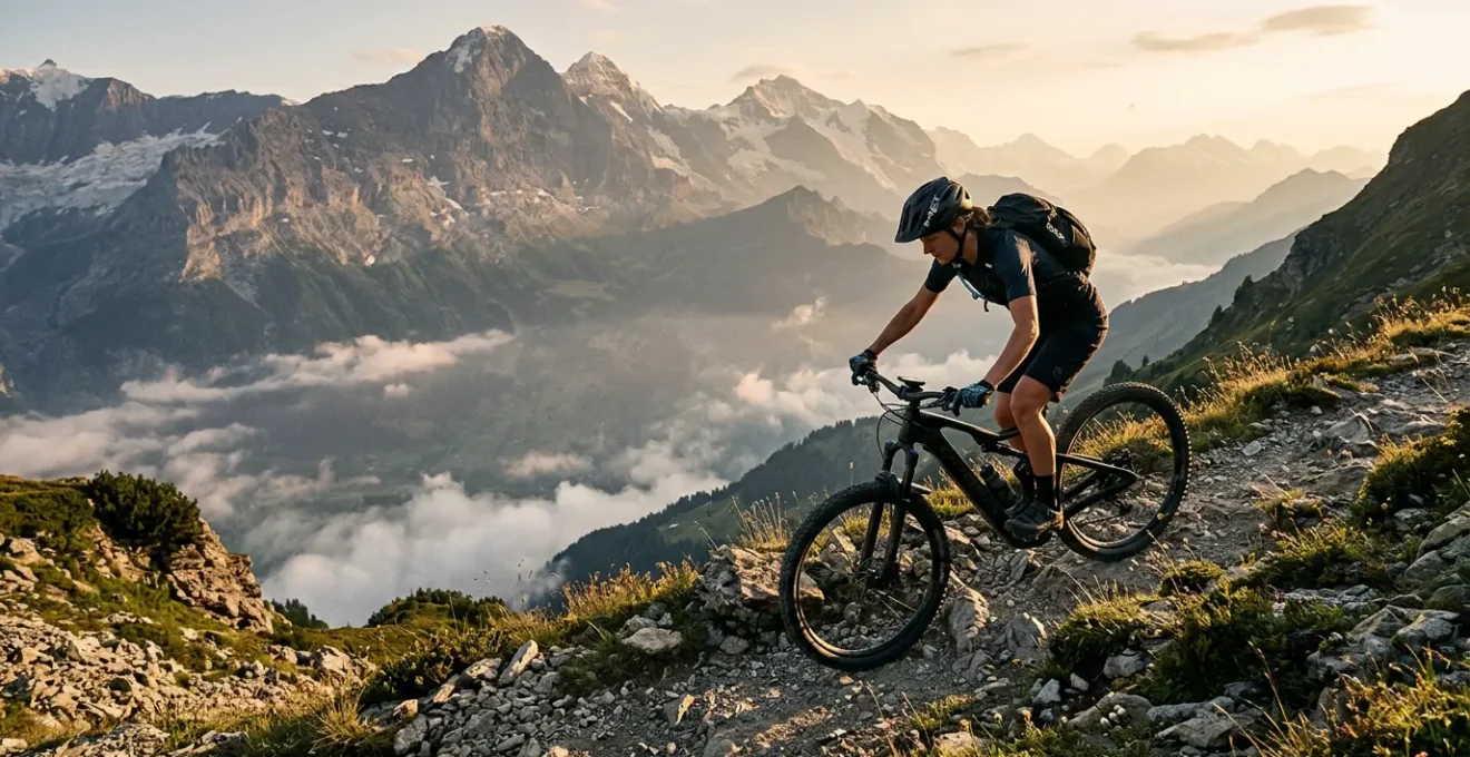 Ciclista con E-MTB in salita ripida di montagna mentre controlla display batteria