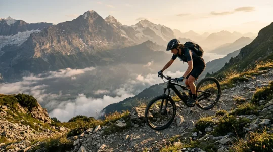 Ciclista con E-MTB in salita ripida di montagna mentre controlla display batteria