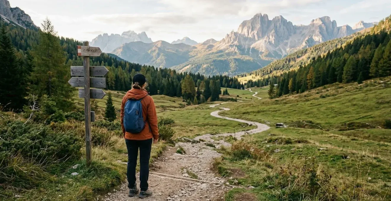 Escursionista principiante che osserva un sentiero di montagna nelle Dolomiti del Trentino