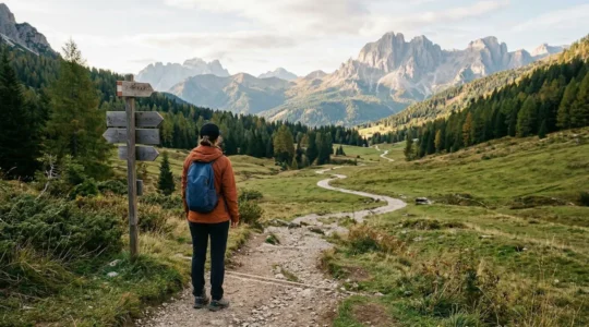 Escursionista principiante che osserva un sentiero di montagna nelle Dolomiti del Trentino