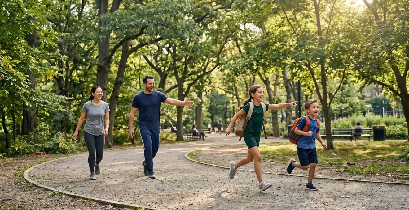 Famiglia che si allena giocosamente nel parco per prepararsi al trekking estivo