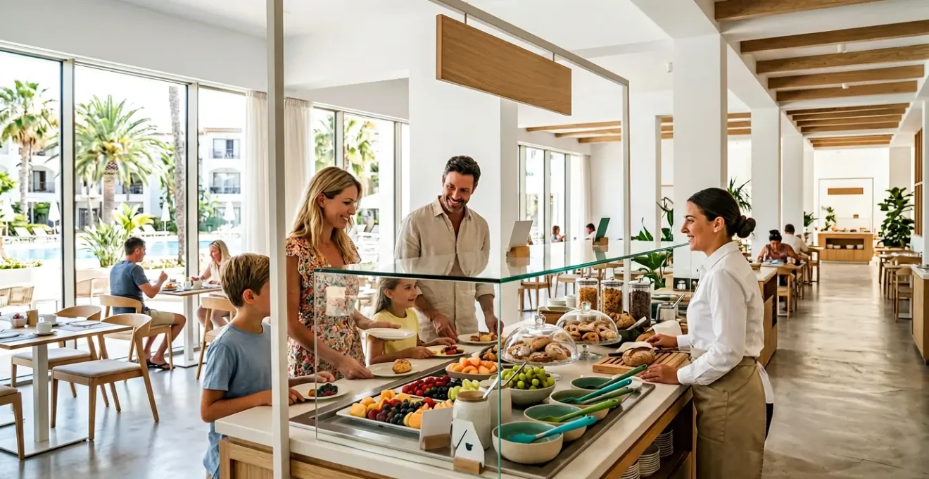 Famiglia in vacanza al villaggio turistico con buffet sicuro per celiaci