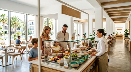 Famiglia in vacanza al villaggio turistico con buffet sicuro per celiaci