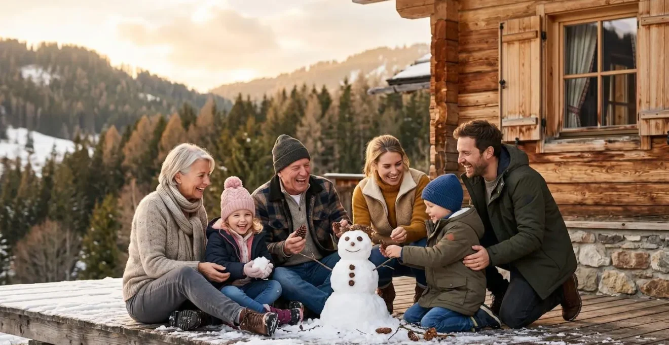 Famiglia con bambini piccoli davanti a uno chalet a media altitudine nelle Dolomiti