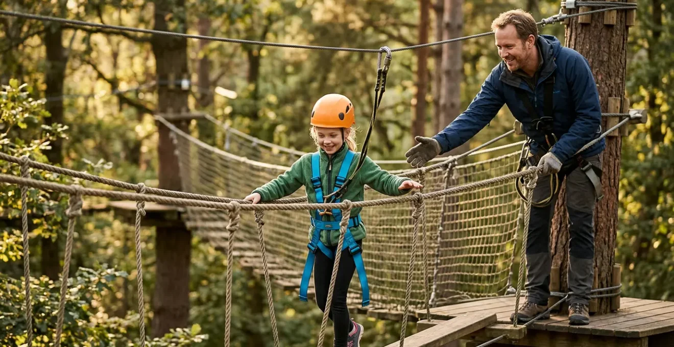 Una famiglia con bambini che affronta un percorso avventura sospeso tra gli alberi in totale sicurezza