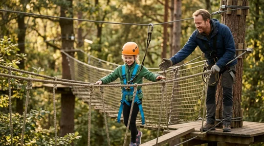 Una famiglia con bambini che affronta un percorso avventura sospeso tra gli alberi in totale sicurezza