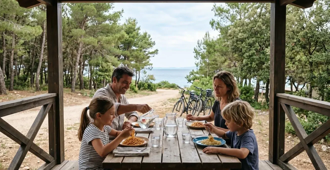 Vista dall'interno di una veranda di bungalow con famiglia che pranza guardando il mare