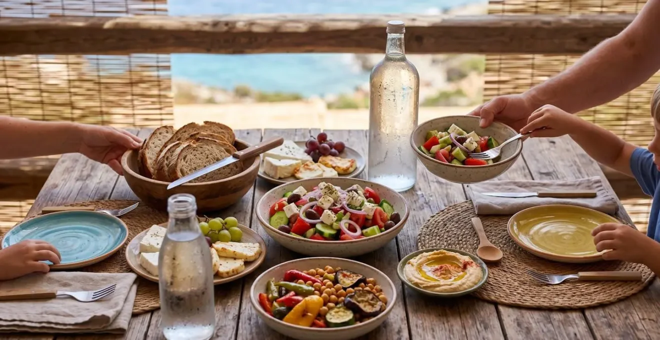 Famiglia che pranza nella veranda ombreggiata del bungalow con vista mare