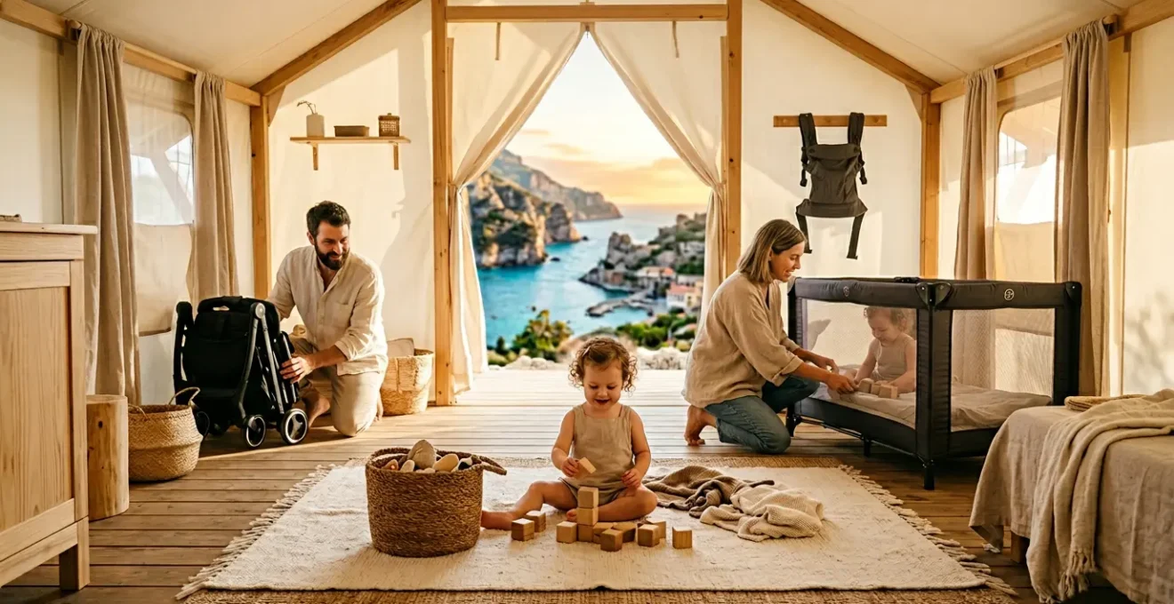 Famiglia con bambino piccolo in campeggio con attrezzature per bebè