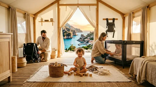 Famiglia con bambino piccolo in campeggio con attrezzature per bebè