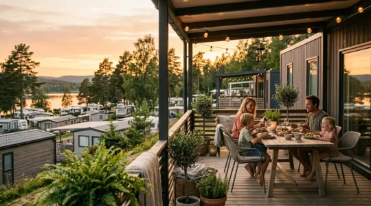Famiglia rilassata in veranda di una casa mobile con vista panoramica sul lago al tramonto