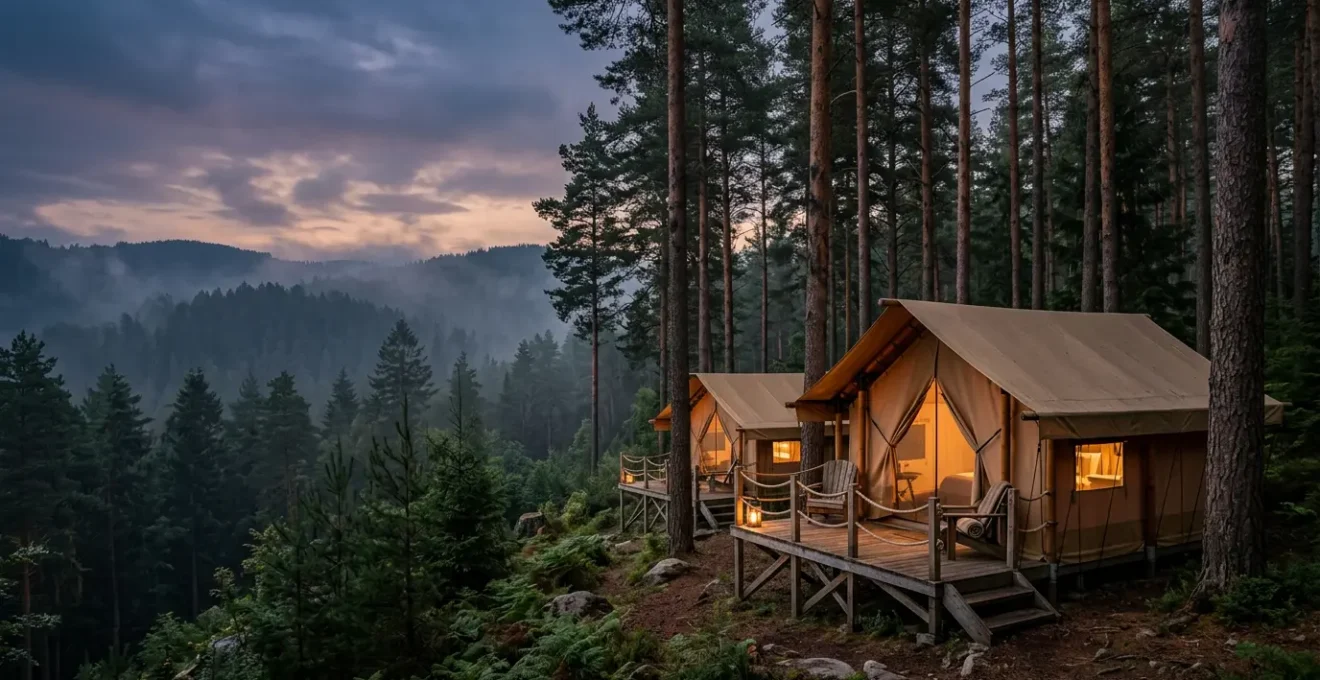 Vista panoramica di lodge glamping di lusso immersi nel bosco con terrazza privata