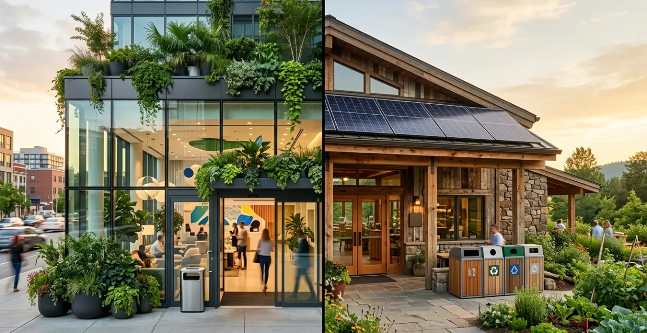 Vista comparativa di due hotel: uno con facciata moderna coperta di piante verdi ma con dettagli che rivelano pratiche non sostenibili, l'altro con architettura bioecologica autentica