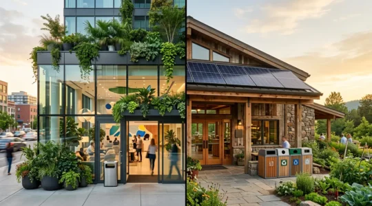 Vista comparativa di due hotel: uno con facciata moderna coperta di piante verdi ma con dettagli che rivelano pratiche non sostenibili, l'altro con architettura bioecologica autentica