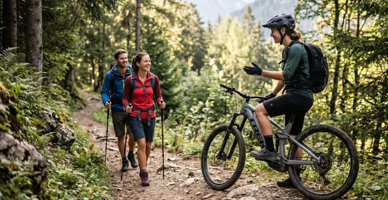 Biker E-MTB che rallenta cortesemente per far passare escursionisti su sentiero stretto