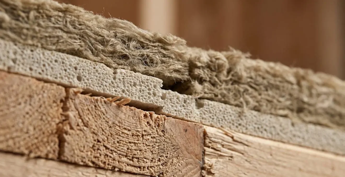 Dettaglio macro di parete multistrato in legno con materiali fonoassorbenti
