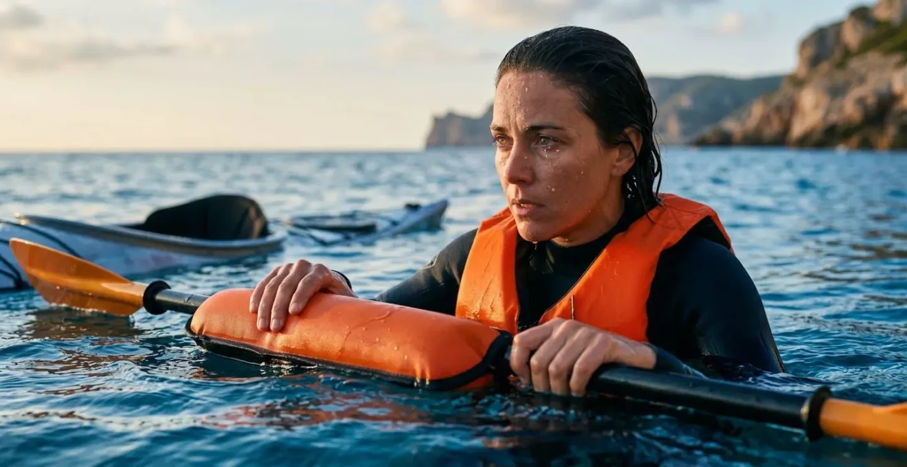 Kayaker pratica la tecnica di risalita con paddle-float in acque calme