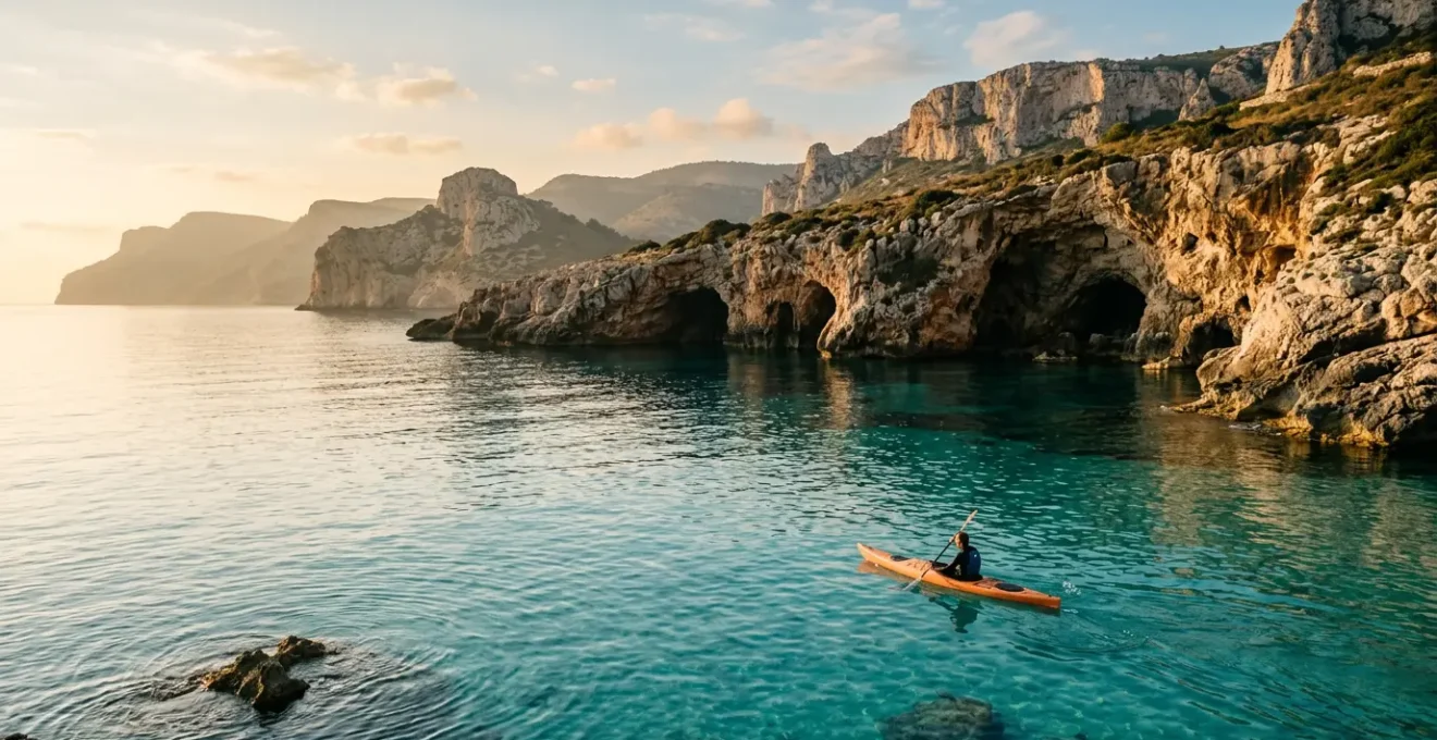 Kayaker solitario esplora una costa rocciosa al tramonto in totale silenzio