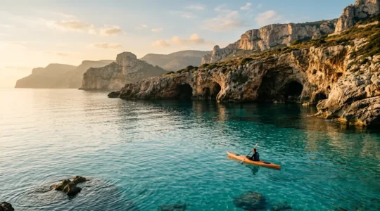 Kayaker solitario esplora una costa rocciosa al tramonto in totale silenzio