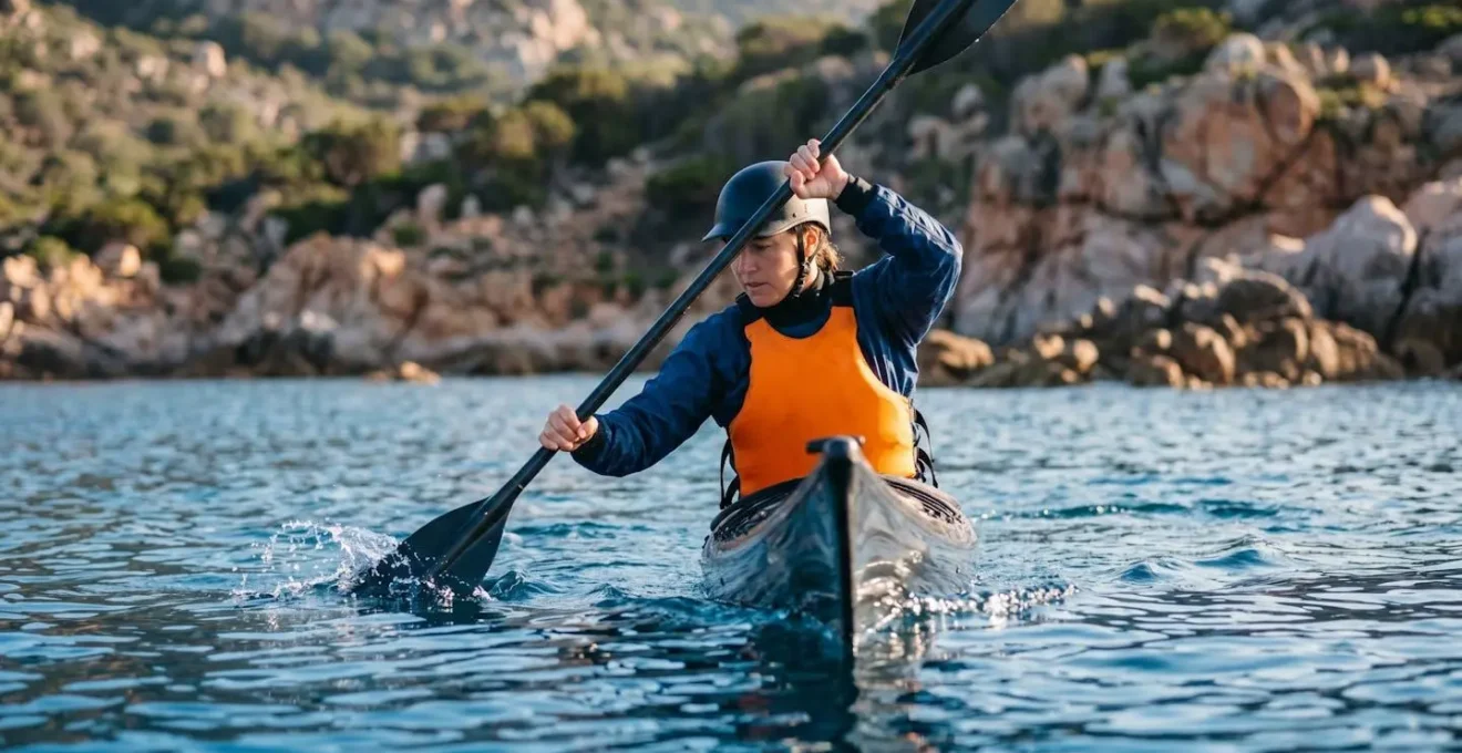 Kayaker in azione lungo la costa sarda con tecnica di rotazione del busto