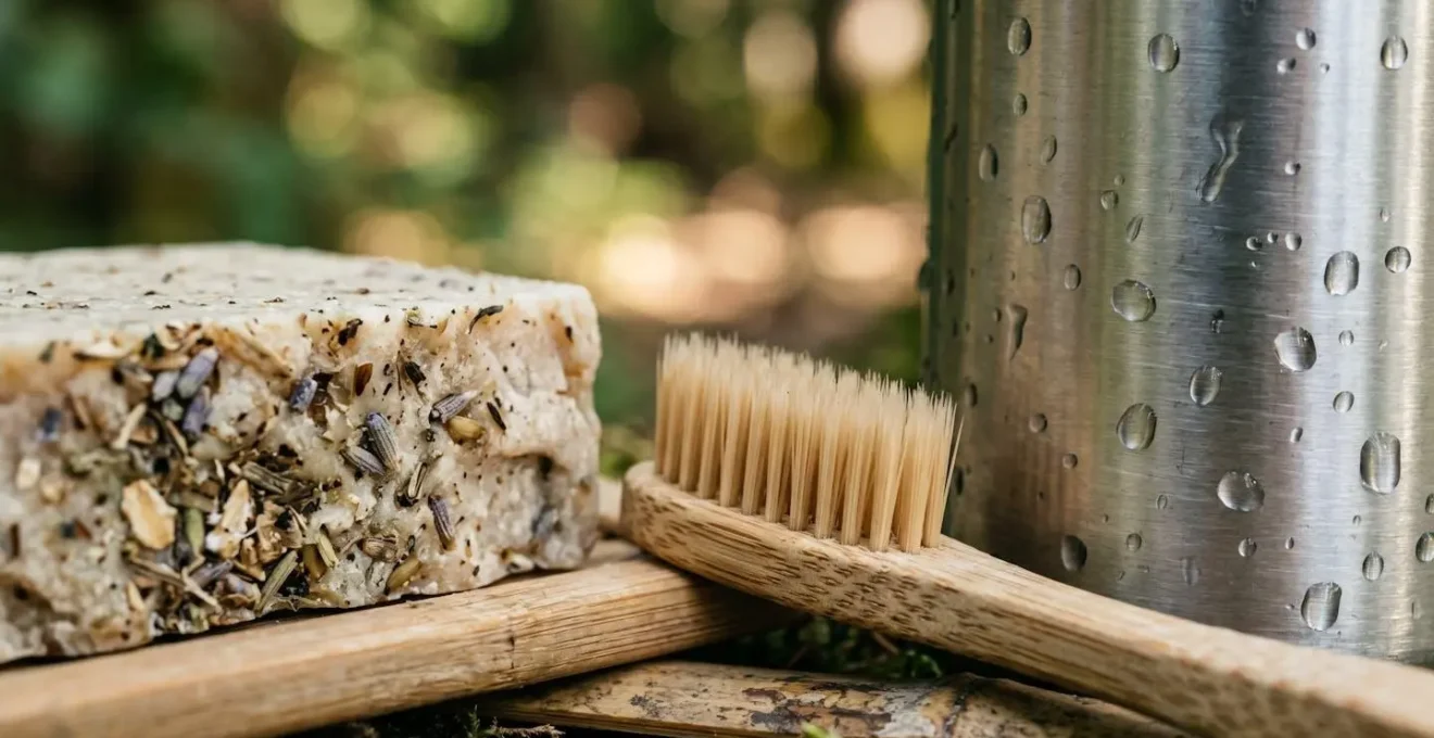Kit da campeggio sostenibile con borracce in acciaio, saponi solidi e contenitori riutilizzabili