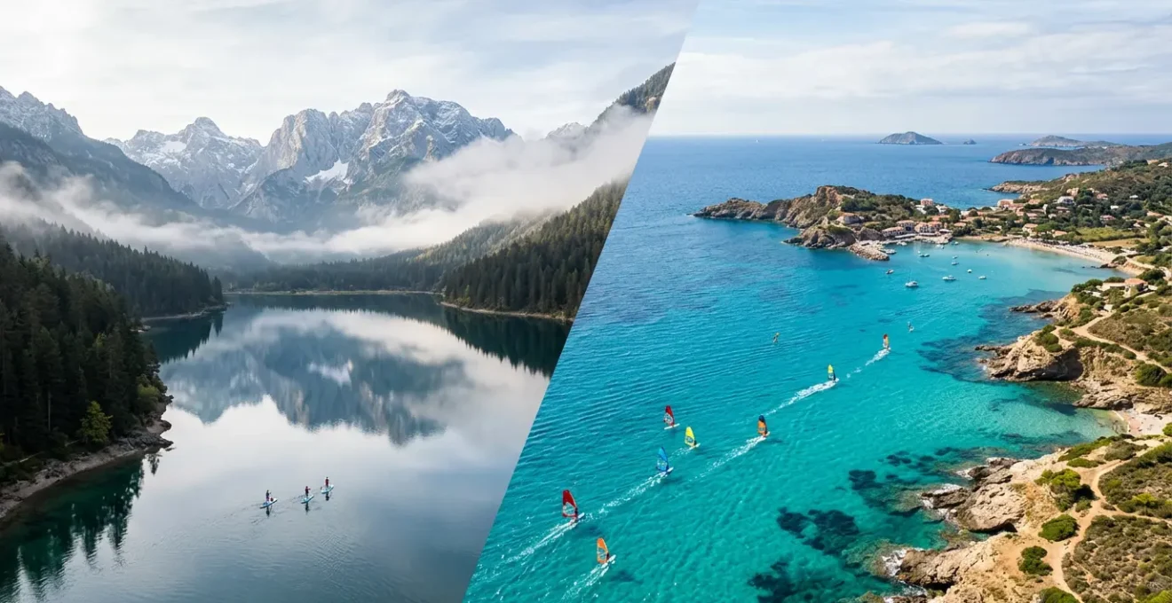 Vista aerea di un lago alpino e una costa marina con atlete che praticano windsurf e SUP in entrambi gli ambienti