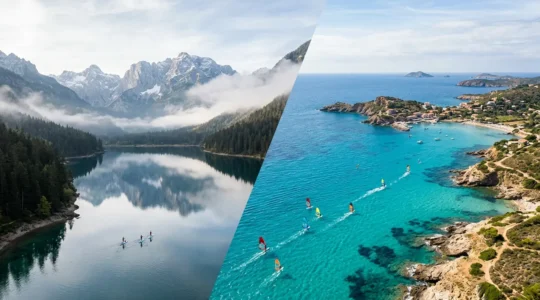 Vista aerea di un lago alpino e una costa marina con atlete che praticano windsurf e SUP in entrambi gli ambienti