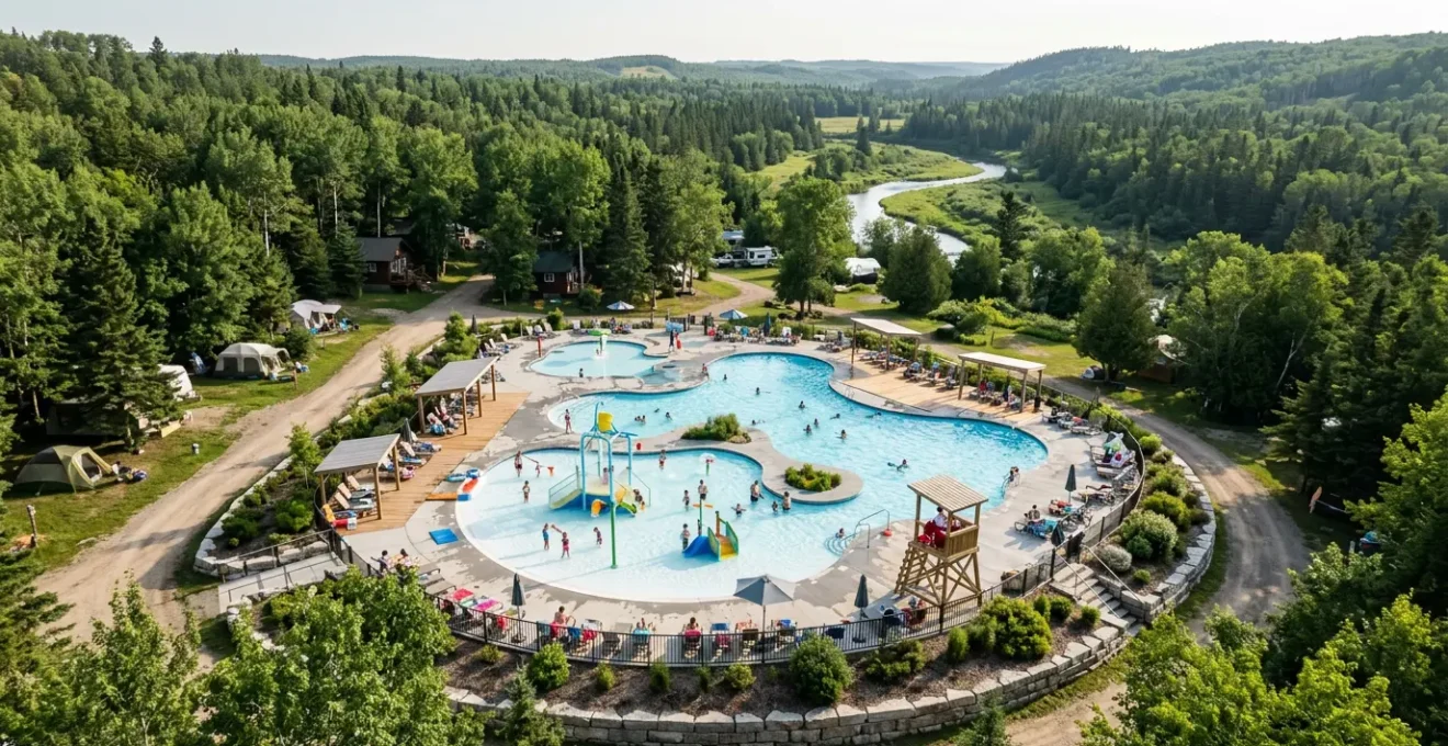 Famiglia felice in un parco acquatico di campeggio con bambini che giocano in sicurezza