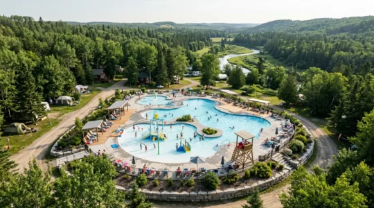 Famiglia felice in un parco acquatico di campeggio con bambini che giocano in sicurezza