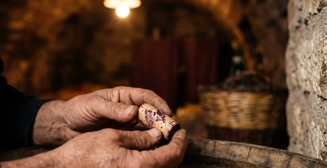 Piccolo produttore di vino mostra con orgoglio le sue botti in una cantina rustica