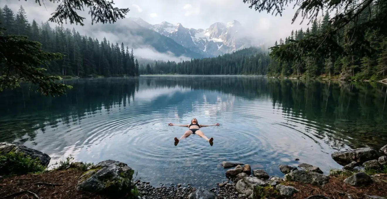 Lago di montagna cristallino circondato da pini con persona che nuota in solitudine