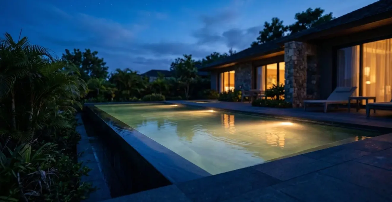 Piscina privata illuminata di sera con luci soffuse underwater