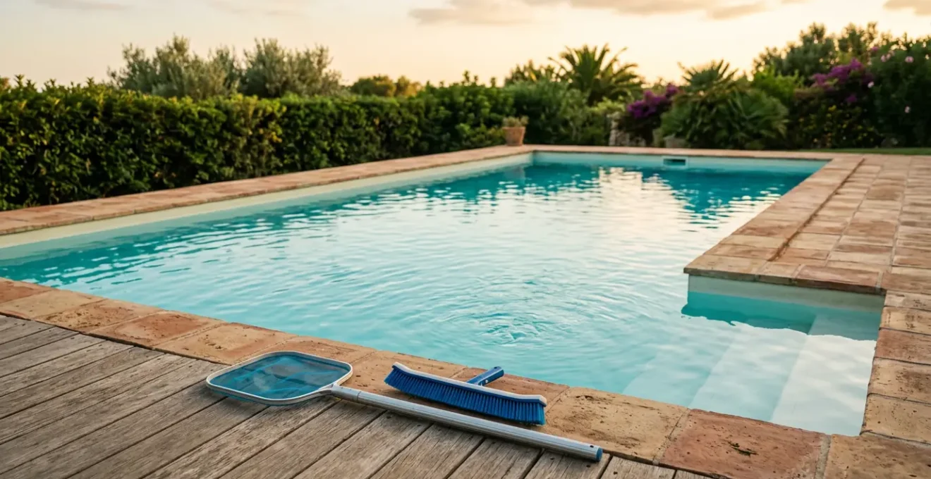 Vista ravvicinata di una piscina privata con acqua cristallina e kit di test per il cloro