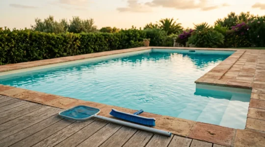 Vista ravvicinata di una piscina privata con acqua cristallina e kit di test per il cloro