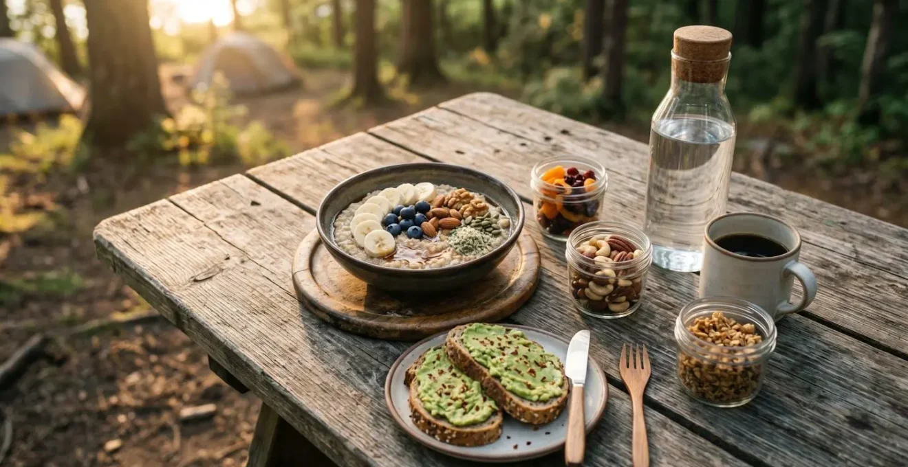 Vista dall'alto di colazione energetica su tavolo da campeggio all'aperto
