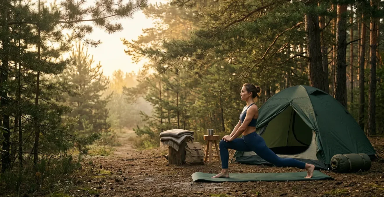 Atleta che esegue esercizi di stretching su un materassino da campeggio al mattino presto