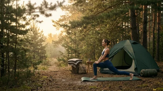 Atleta che esegue esercizi di stretching su un materassino da campeggio al mattino presto